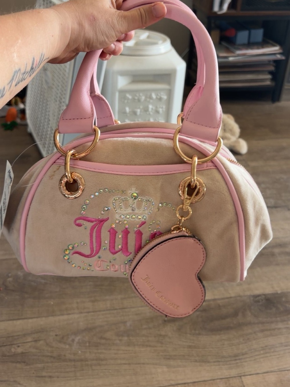 NWT: Juicy Couture Pink Accent Beige Velour Satchel with Heart Charm